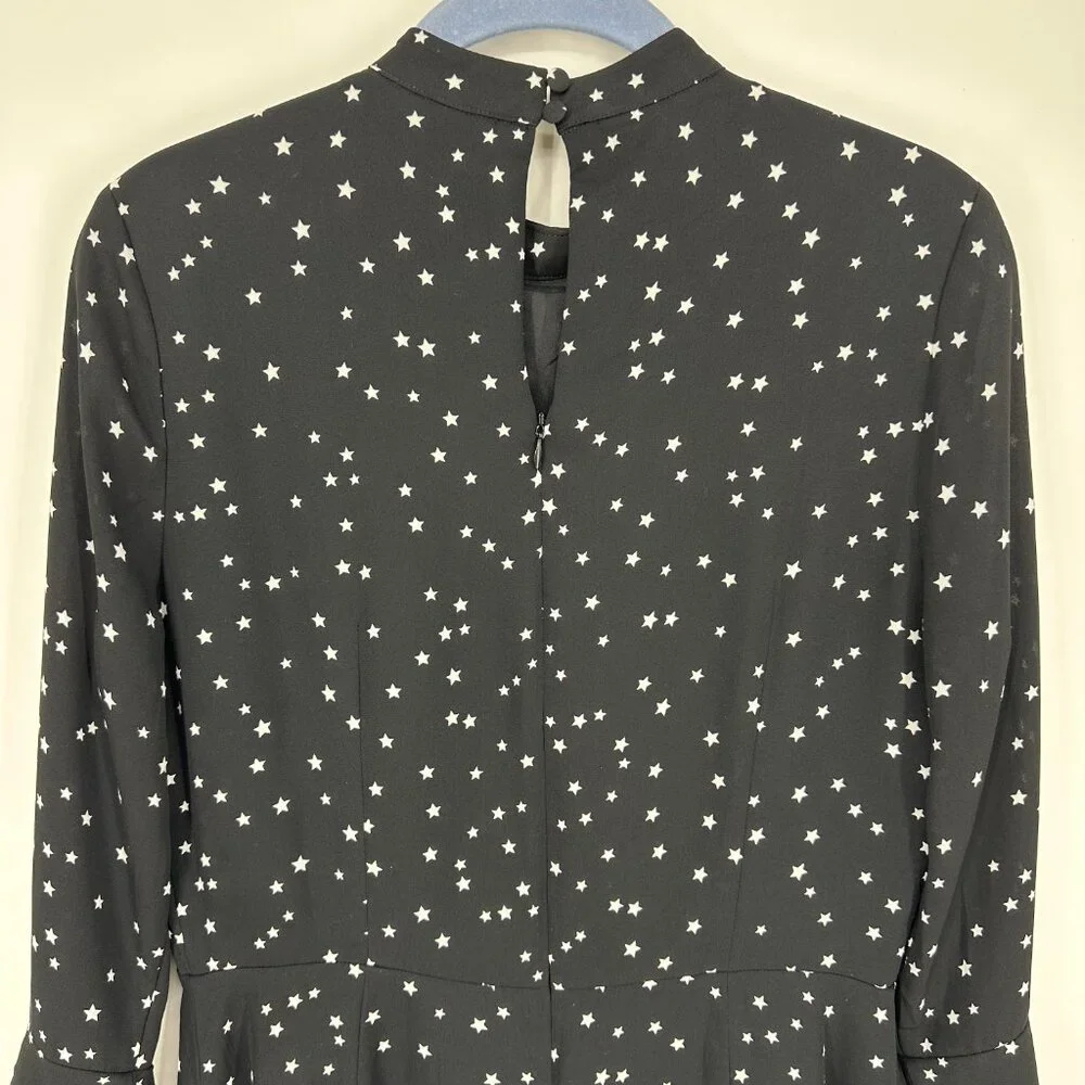 Lucky Brand Star Print Mini Dress M Long Bell Sleeves A Line Black